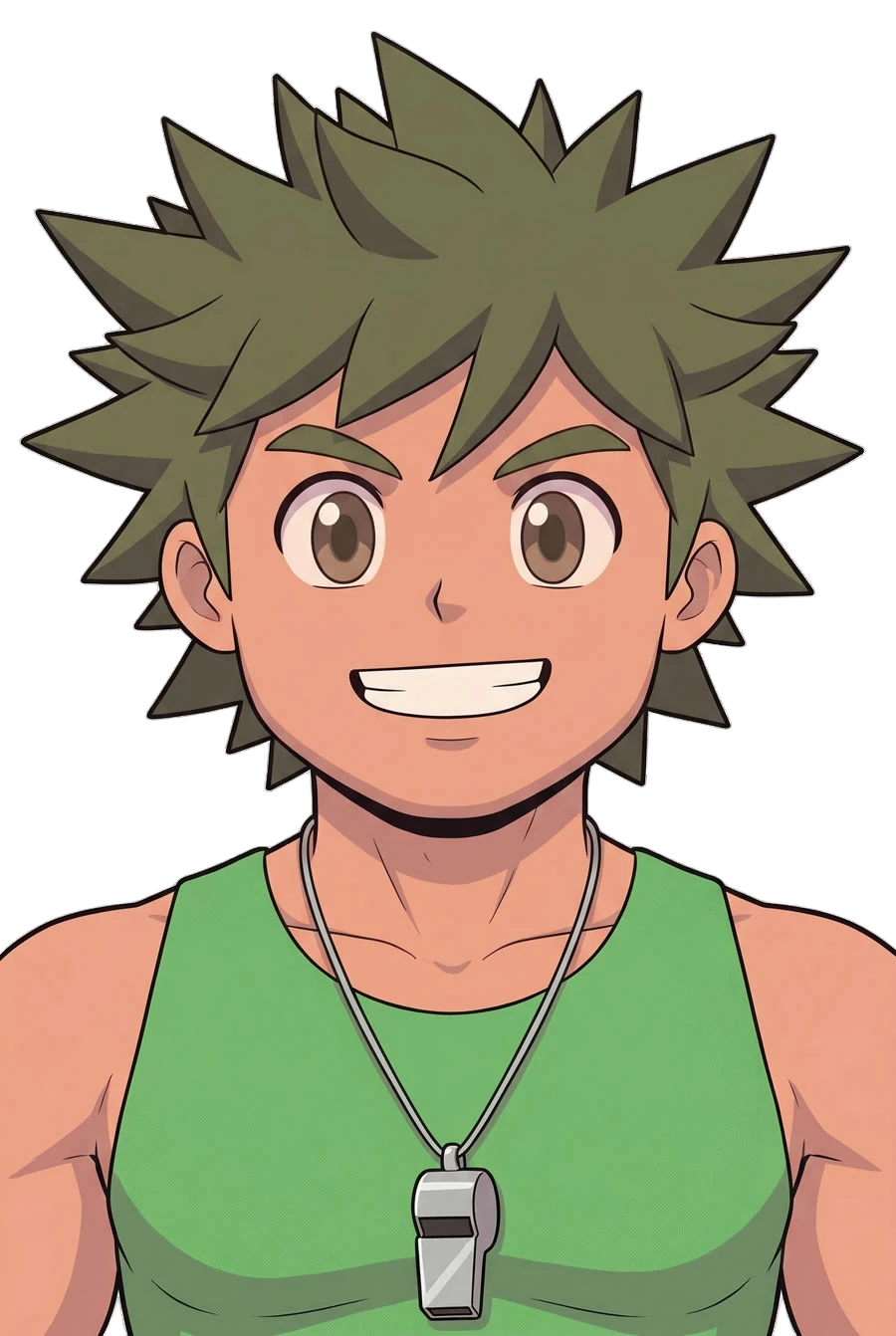 Brock, grinning in his green tank top with a whistle around his neck