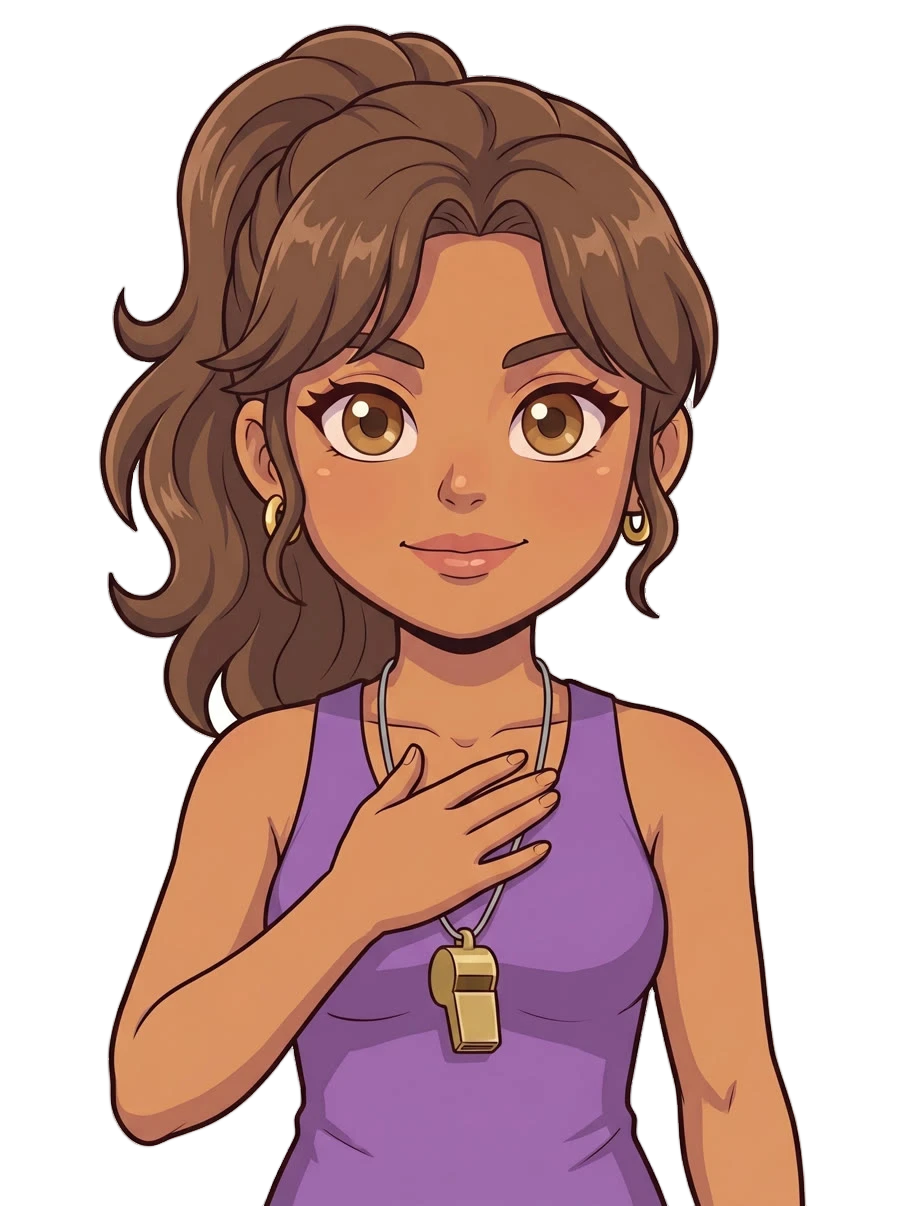 Luna, in her purple tank top with a gold whistle, hand on her heart